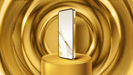 Golden phone on gold podium mockup template vector illustration