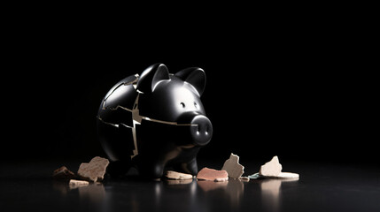 Broken piggy bank in finance background concept for economic recession, depression or bankruptcy - obrazy, fototapety, plakaty