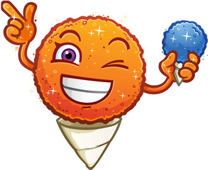 Orange flavored snow cone shaved ice cartoon character pointing and winking and holding a blue raz flavored frozen treat on a hot summer day - 616485516
