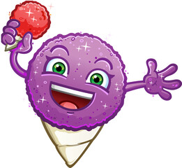 Grape flavored snow cone shaved ice cartoon character celebrating the season and holding a cold cherry frozen treat on a hot summer day - 616485528