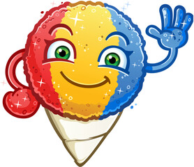 Rainbow snow cone cartoon character a refreshing sweet frozen treat waving happily and sparkling on a hot summer day  - 616485593