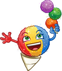 snow cone cartoon character a refreshing rainbow sweet frozen treat balancing three scoops of orange lime and grape shaved ice on a hot summer day  - 616485594
