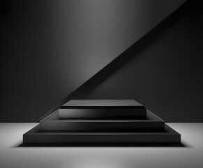 3 stacked pedestal black podium design. Firm and premium podium wall. Elegant atmosphere design. 3d rendering.