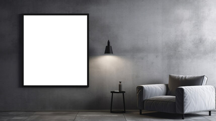 Modern dark interior with gray chair and blank poster on concrete wall. AI