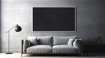 Modern dark interior with gray sofa and blank poster on concrete wall. AI