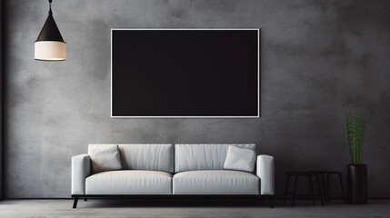 Modern dark interior with gray sofa and blank poster on concrete wall. AI
