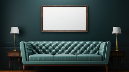 Modern living room with green sofa and blank poster on the wall. AI