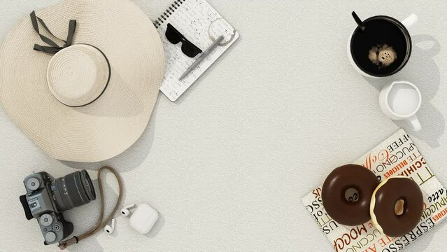 Top view travel concept with retro camera film, sunglasses, hat, sweets and coffee cup. white desk top with copy space Travel essentials vintage tone effect on a white background 3d rendering