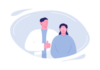 Obraz premium Characters of ophthalmologists. Vector concept of ophthalmology clinic. Doctor and nurse with glasses, eye examination, diagnosis illustration