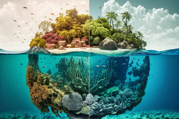 Tropical Island And Coral Reef - View With Waterline, Created with generative AI technology