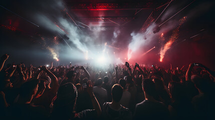 Fototapeta na wymiar Energetic Crowd: Ultra-Wide Nightclub Celebration 