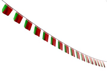 beautiful holiday flag 3d illustration. - many Belarus flags or banners hanging diagonal on string isolated on white