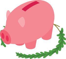 Saving concept icon isometric vector. Big pink piggy bank and green branch icon. Money, financial concept