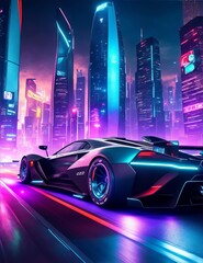 Futuristic supercar in the city background. Neon night metropolis. Digital painting illustration created with Generative AI technology.