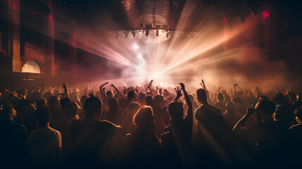 Fototapeta na wymiar Euphoric Crowd: Ultra-Wide Nightclub Excitement 
