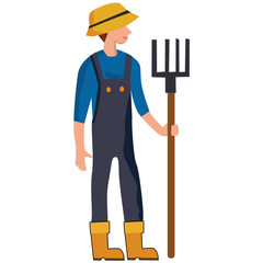 Cartoon young farmer in straw hat and holding rake