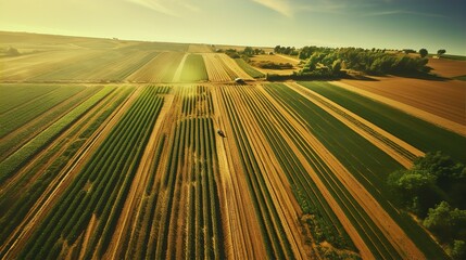 Fototapeta na wymiar Aerial View of Expanse of Fields with Sunlight