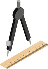 Drafting tool icon isometric vector. Black drafting compass near wooden ruler. Drawing, design, engineering
