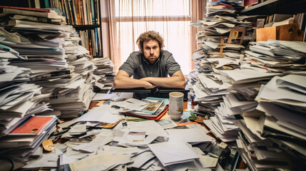 a man sits in front of a ricey mountain of work, a huge stack of paper, generative AI