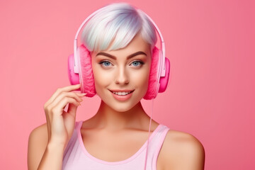 Naklejka premium Trendy Young beautiful woman with headphones, on a pink background. Generative Ai
