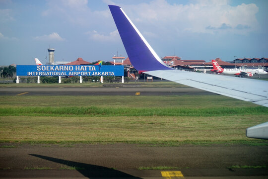 Tangerang, Indonesia. June 18, 2023. The plane landed at Soekarno Hatta International Airport.                     