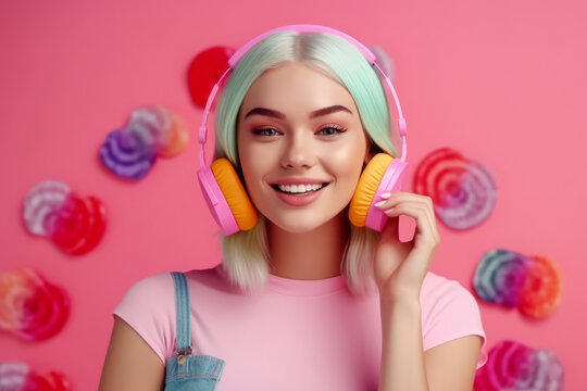 Trendy Young beautiful woman with pink headphones, on a pink background. Generative Ai