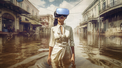 Young asian woman wearing a virtual reality headset on a flooded Asian street. Made with Generative AI