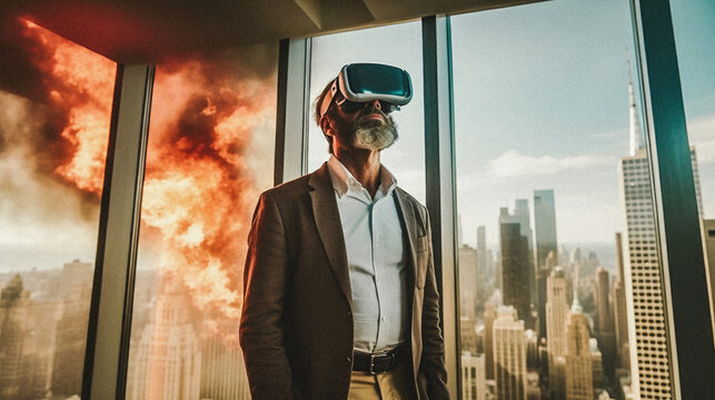 Middle-aged businessman wearing a virtual reality headset in a high-rise office, while the world burns outside. Made with Generative AI