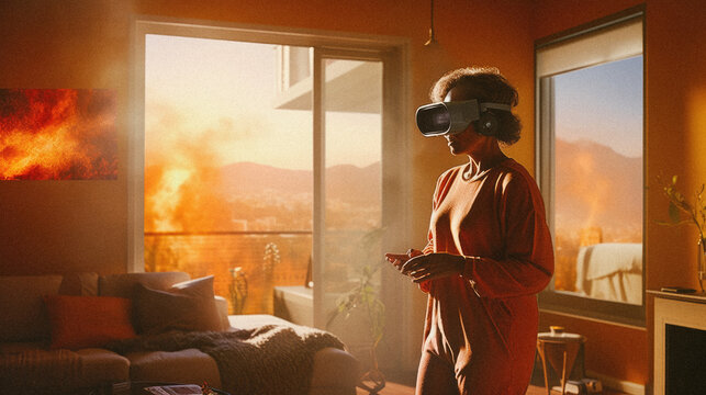 Middle-aged woman wearing a virtual reality headset in a comfy home, while the world burns outside. Made with Generative AI