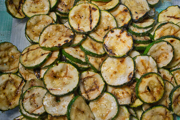 closeup on grilled zucchini, mediterranean side dish
