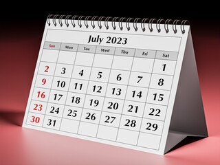 One page of the annual business desk monthly calendar. Date - July 2023