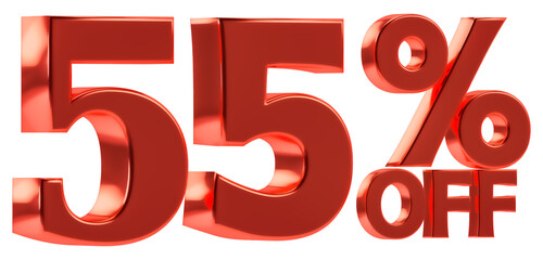 55 % off discount for sale promotion. 3d number with percent sign. Isolated on transparent background, include png format