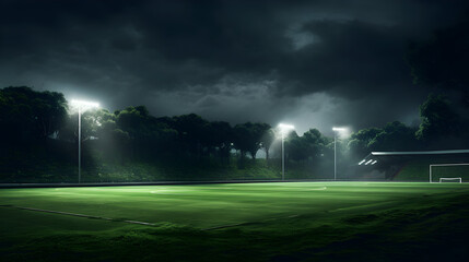 Secluded grass soccer stadium under spotlights at night with trees in the background, generative AI