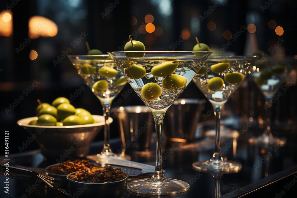 Poster illustration of a classic martini cocktail with olives in a stemmed glass on a bar created with gene