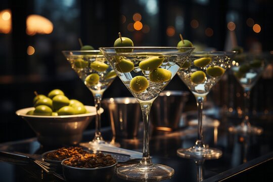 Illustration of a classic martini cocktail with olives in a stemmed glass on a bar created with Generative AI technology