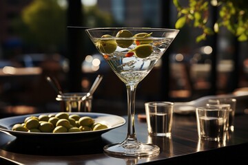 Illustration of a classic martini cocktail with olives in a stemmed glass on a bar created with Generative AI technology