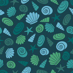 Marine seamless pattern shells and starfish.