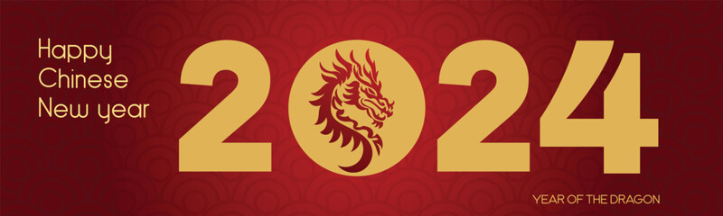 Chinese New Year 2024, the year of the Dragon, red and gold line art characters, simple hand-drawn Asian elements with craft (Chinese translation: Happy Chinese New Year 2024, year of the Dragon)