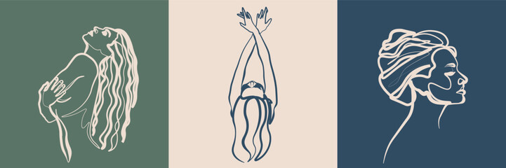 Surreal Faces Continuous line, drawing of set faces and hairstyles, fashion concept, woman's beauty, minimalist, vector illustration, pretty sexy. Love yourself and take care of yourself.