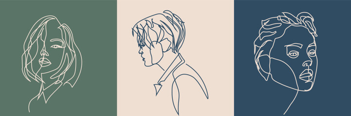 Surreal Faces Continuous line, drawing of set faces and hairstyles, fashion concept, woman's beauty, minimalist, vector illustration, pretty sexy. Love yourself and take care of yourself.