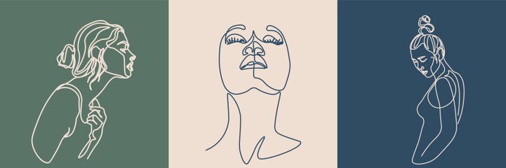 Surreal Faces Continuous line, drawing of set faces and hairstyles, fashion concept, woman's beauty, minimalist, vector illustration, pretty sexy. Love yourself and take care of yourself.