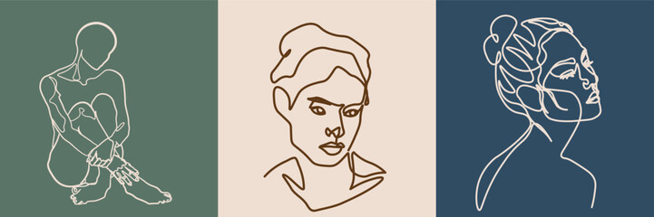 Surreal Faces Continuous line, drawing of set faces and hairstyles, fashion concept, woman's beauty, minimalist, vector illustration, pretty sexy. Love yourself and take care of yourself.