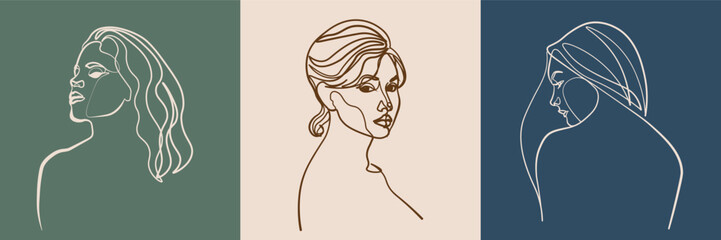 Surreal Faces Continuous line, drawing of set faces and hairstyles, fashion concept, woman's beauty, minimalist, vector illustration, pretty sexy. Love yourself and take care of yourself.