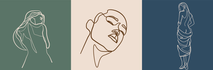 Surreal Faces Continuous line, drawing of set faces and hairstyles, fashion concept, woman's beauty, minimalist, vector illustration, pretty sexy. Love yourself and take care of yourself.