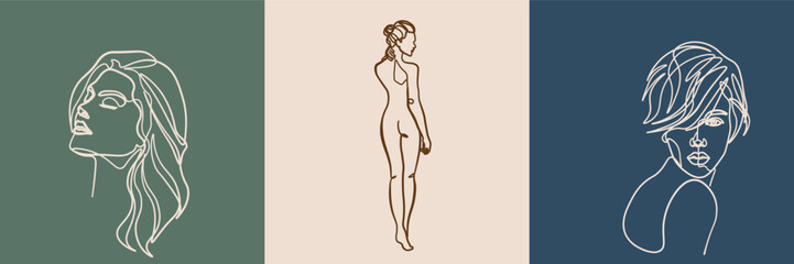 Surreal Faces Continuous line, drawing of set faces and hairstyles, fashion concept, woman's beauty, minimalist, vector illustration, pretty sexy. Love yourself and take care of yourself.