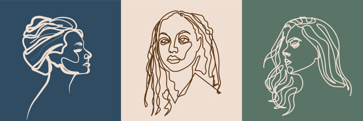 Surreal Faces Continuous line, drawing of set faces and hairstyles, fashion concept, woman's beauty, minimalist, vector illustration, pretty sexy. Love yourself and take care of yourself.