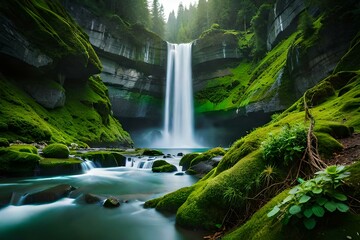 A cascading waterfall plunging down a mountainside, surrounded by lush green vegetation and creating a mesmerizing display of nature's power. (1)