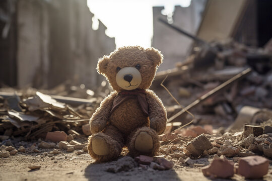 Child's teddy bear toy in rubble of city destroyed by war. 