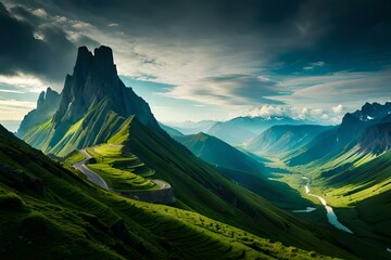 A majestic mountain range covered in lush green forests, with the peaks reaching into the clouds and a winding trail leading through the verdant landscape.