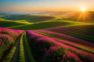 A panoramic view of rolling hills, covered in vibrant green grass and dotted with colorful wildflowers, stretching as far as the eye can see.